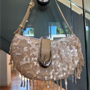 STAUD Cream Sequin Clutch